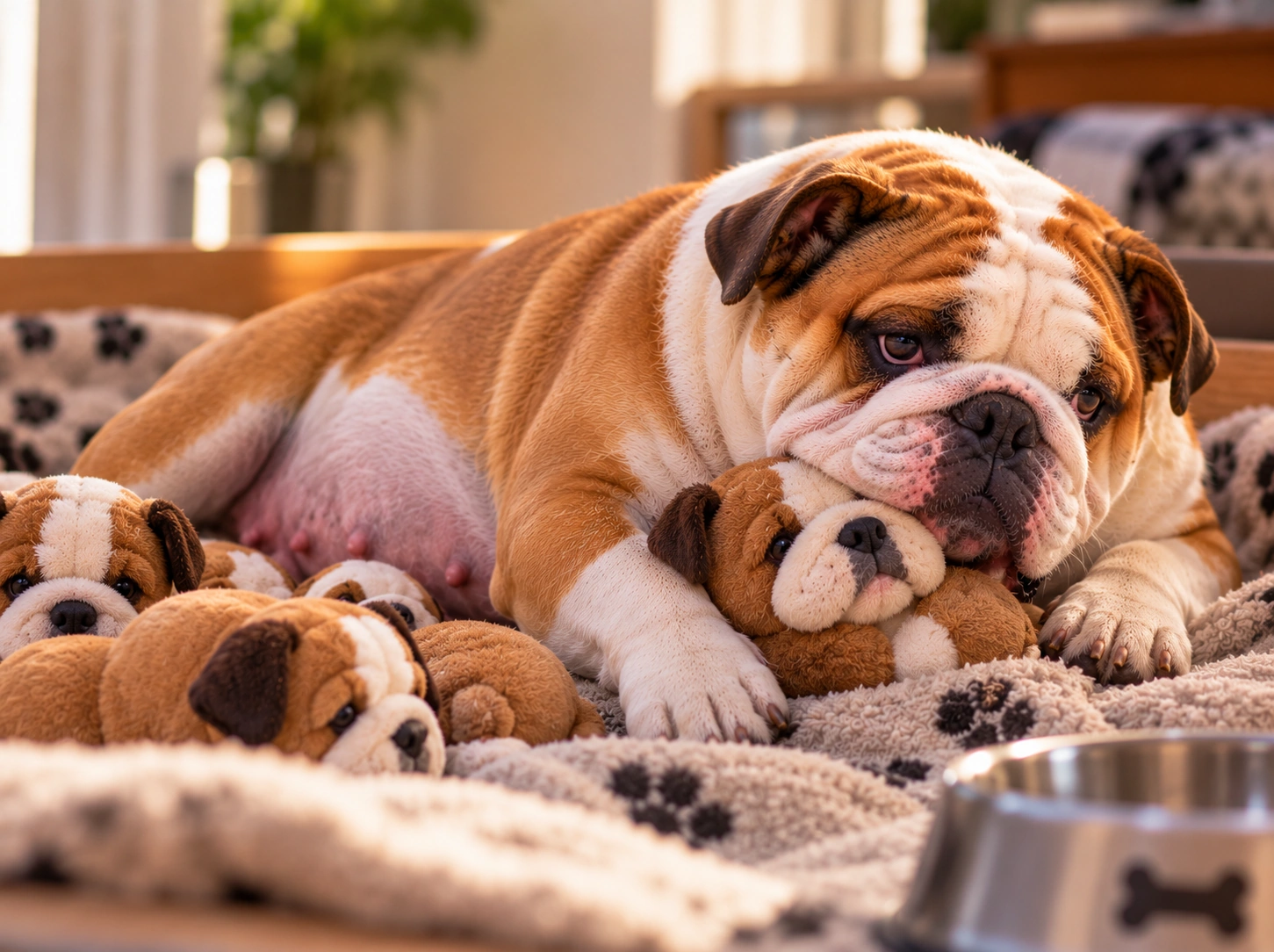 Bulldog Aconchegado Entre Brinquedos