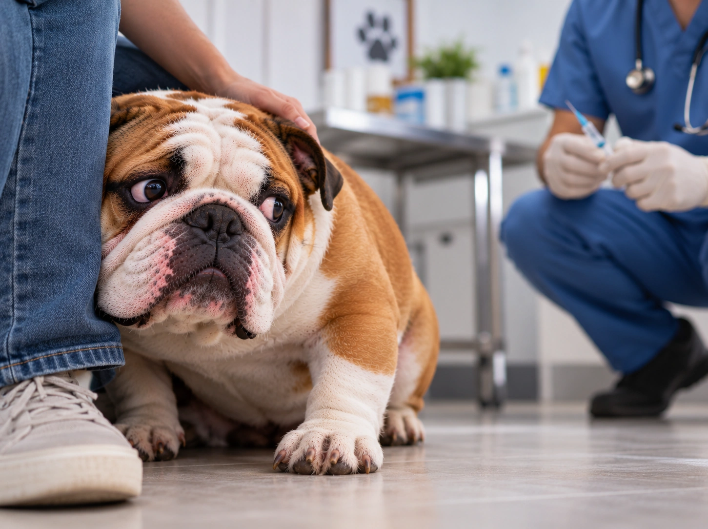Bulldog ansioso no veterinário