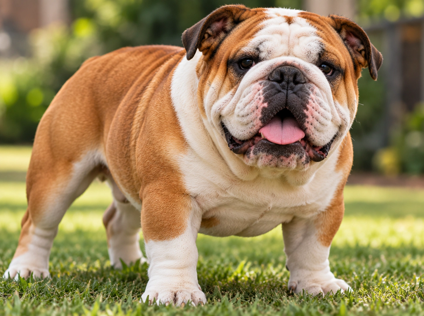 Bulldog caramelo no jardim