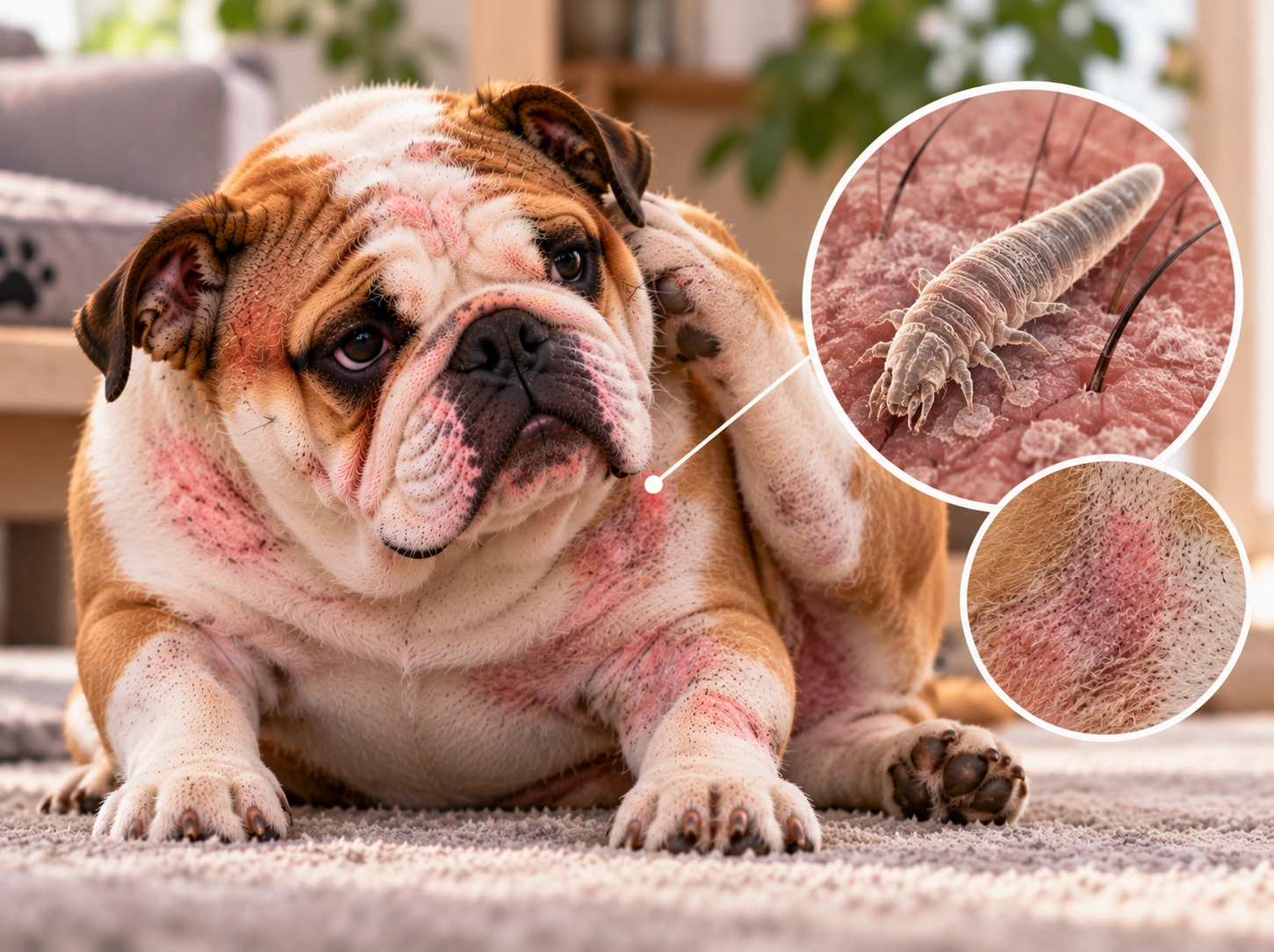Bulldog com dermatite e ácaros em destaque