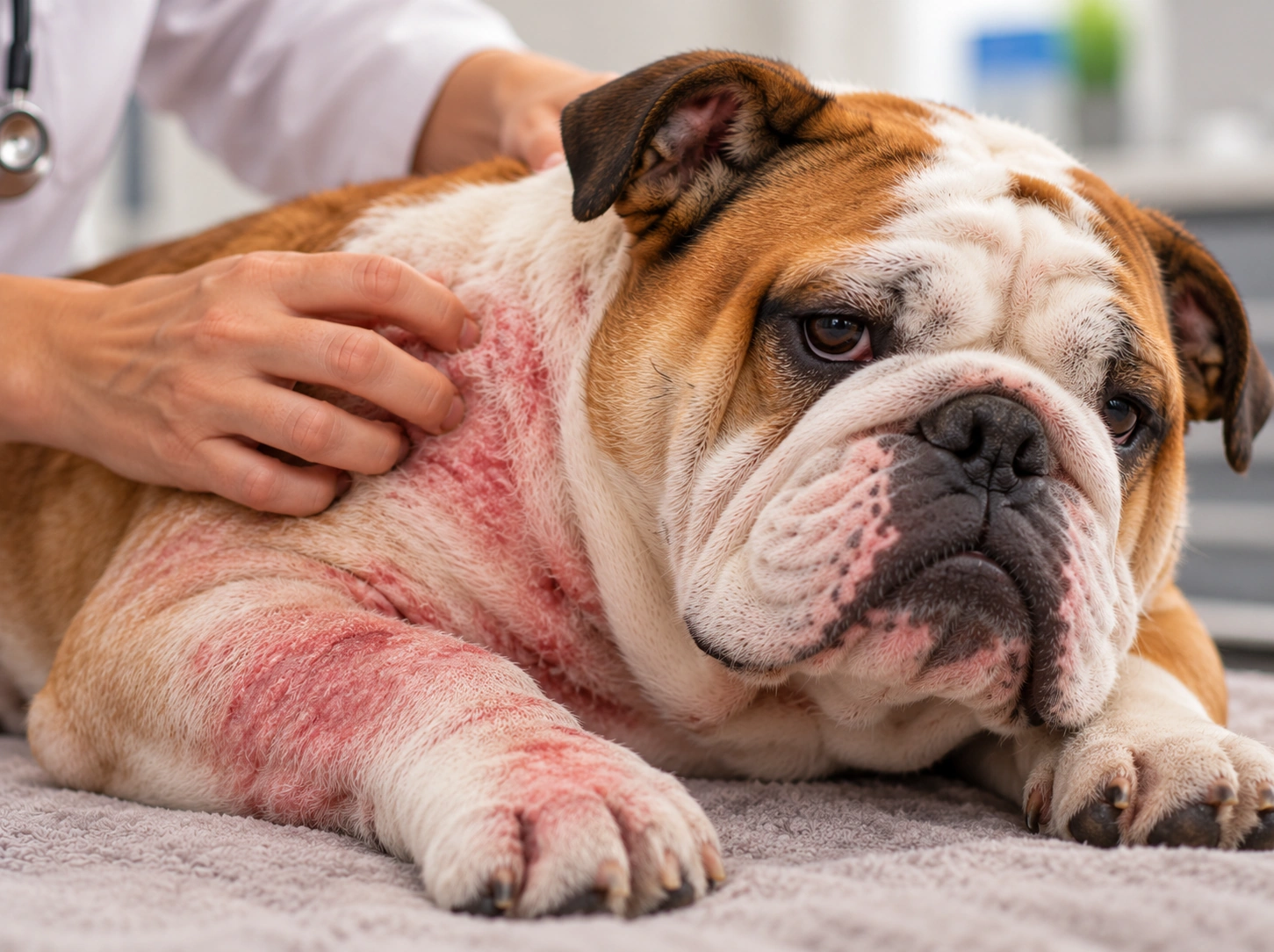 Bulldog com dermatite em exame veterinário