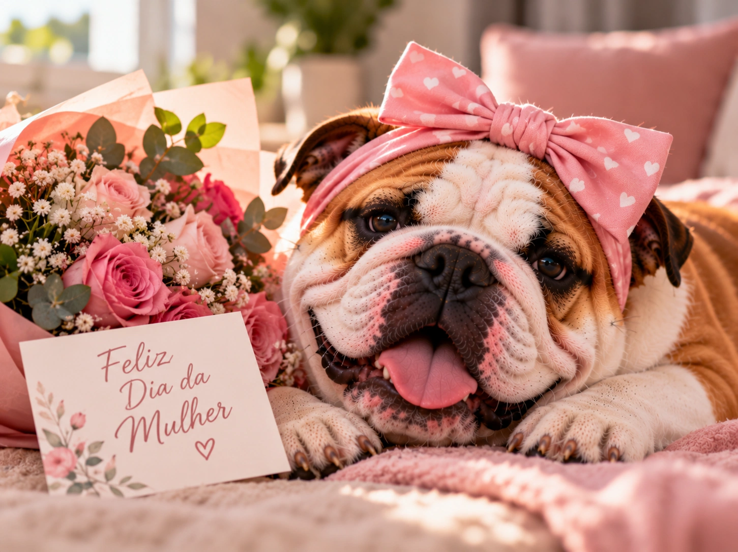 Bulldog com flores para o Dia da Mulher