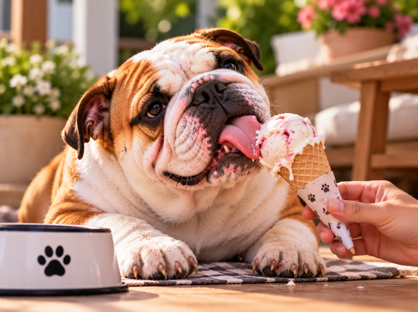 Bulldog Saboreando Sorvete no Jardim