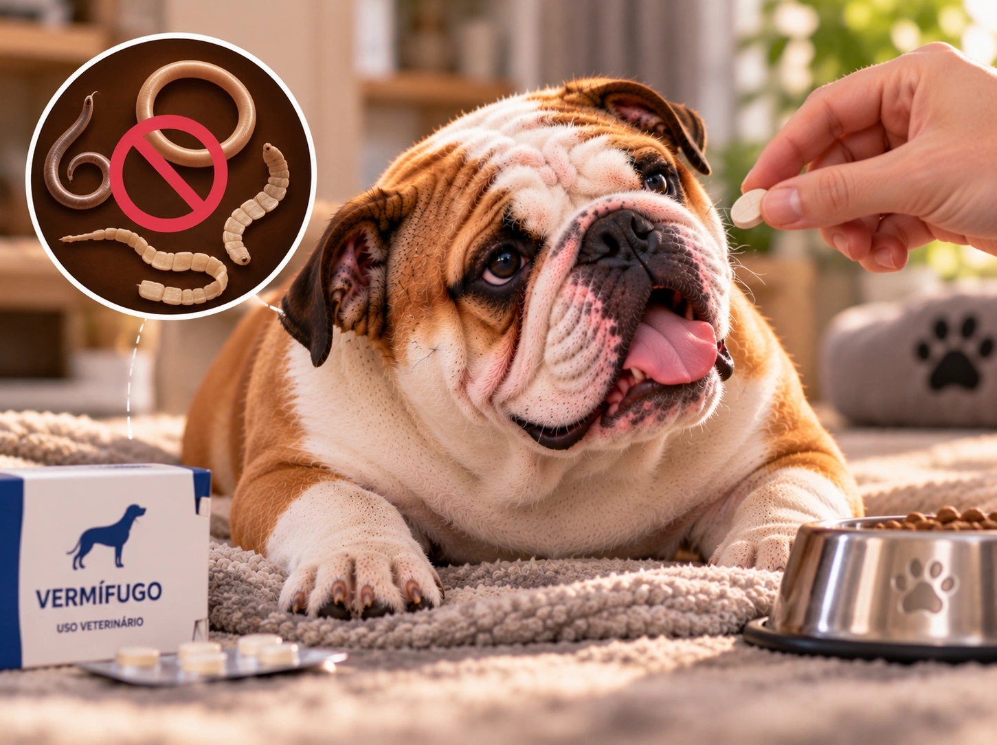 Bulldog tomando vermífugo com carinho