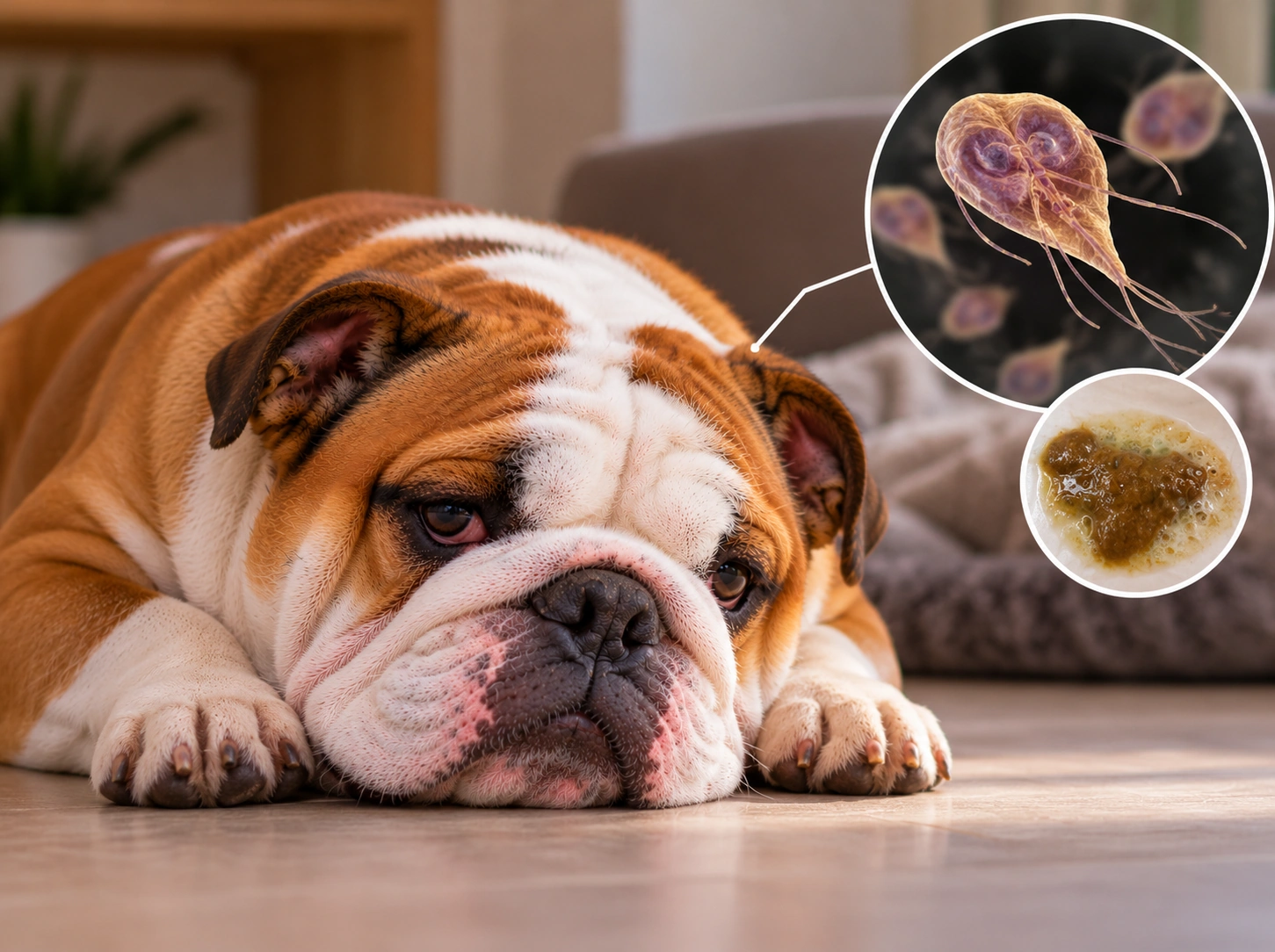 Bulldog triste com alerta de giárdia