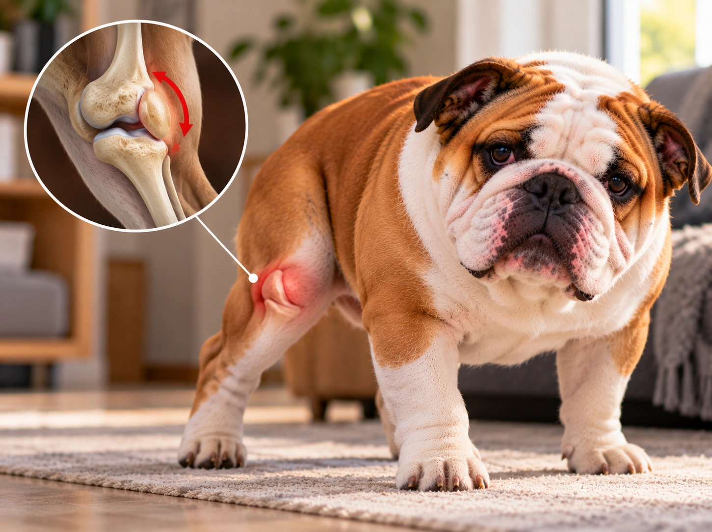 Bulldogue com alerta na patela