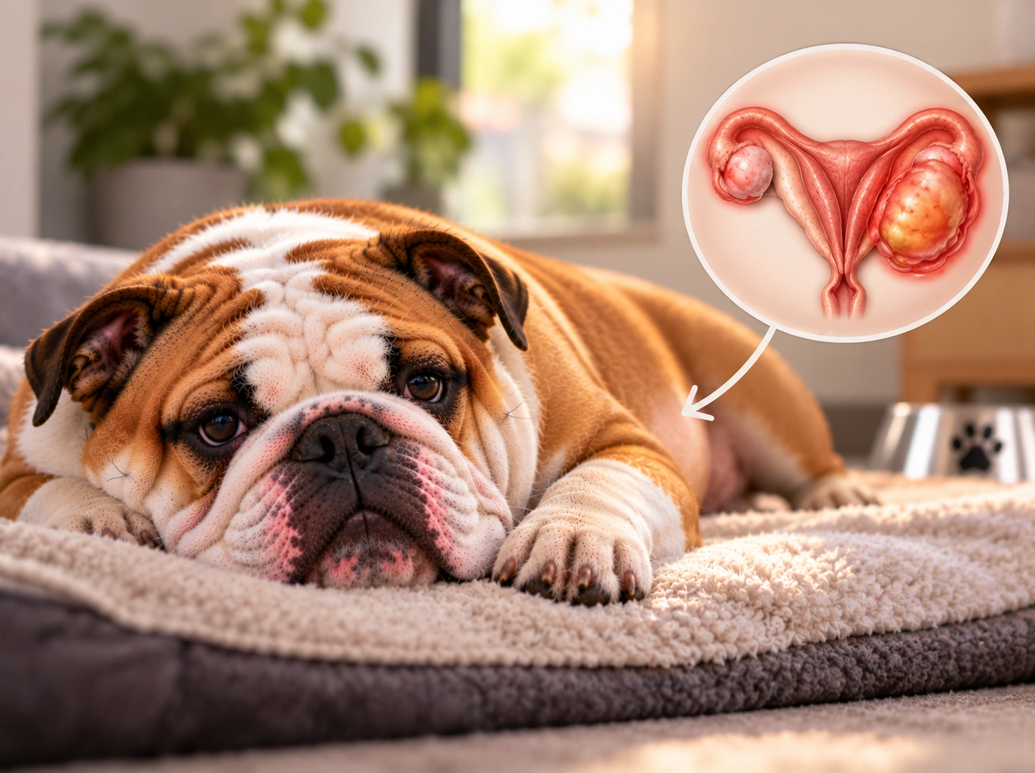 Bulldogue descansando com ilustração uterina
