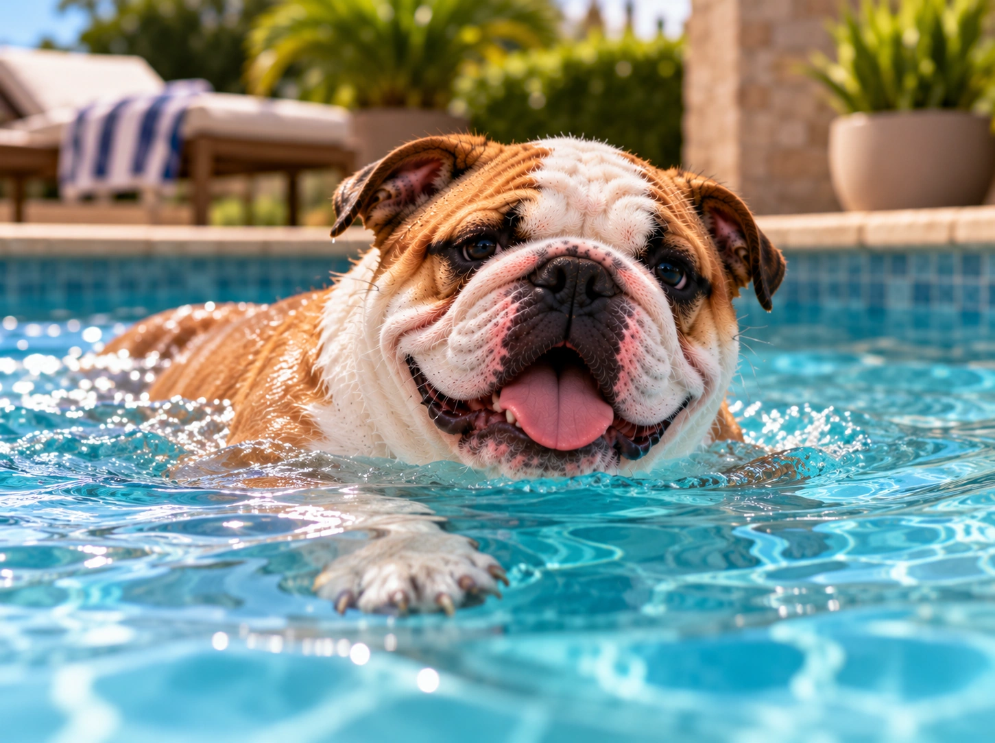 Bulldogue feliz nadando na piscina