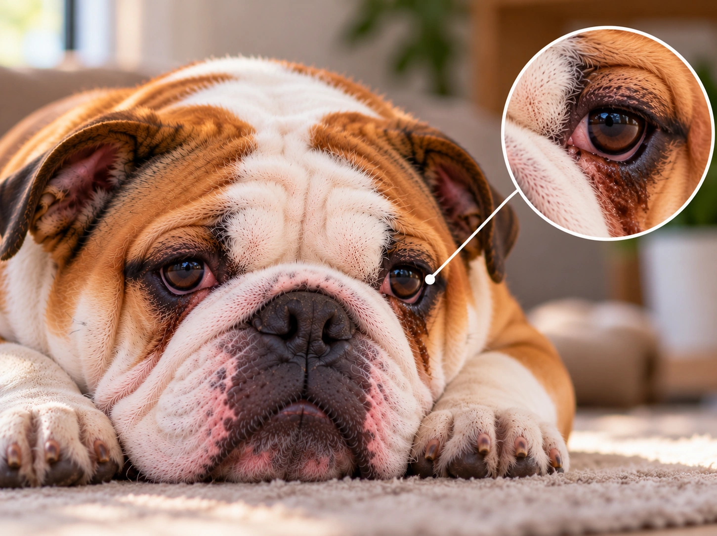 Bulldogue inglês com olhos lacrimejantes