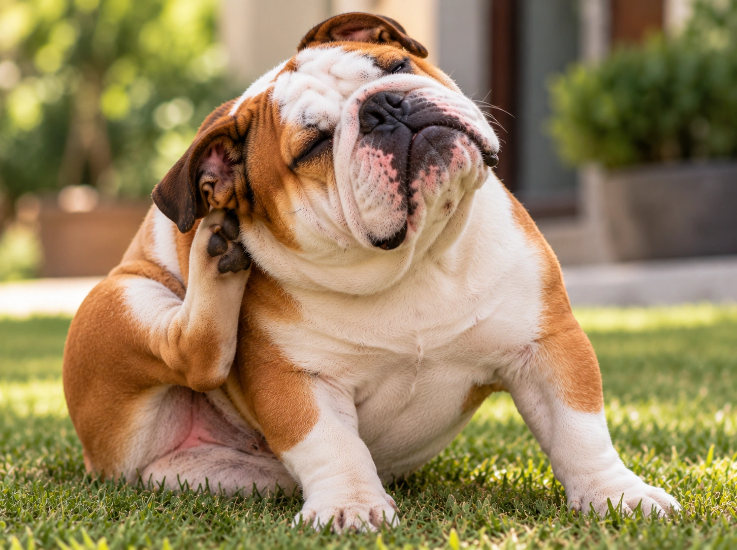 Bulldogue inglês se coçando no jardim