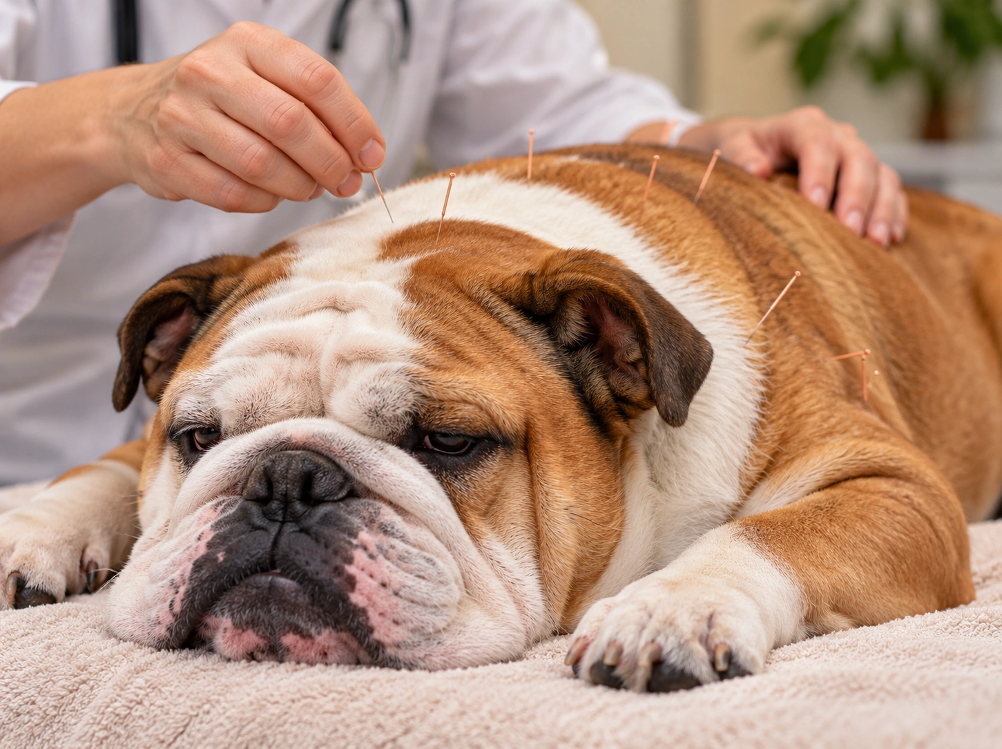 Bulldogue relaxado em sessão de acupuntura
