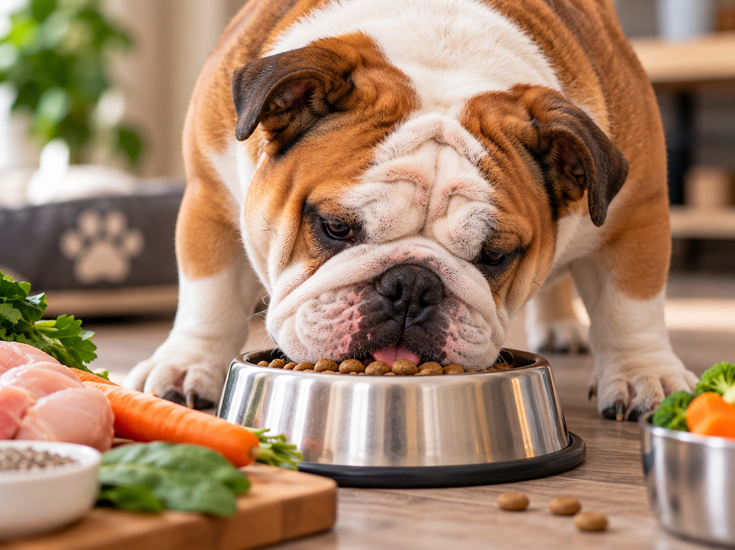 Bulldogue saboreando refeição nutritiva