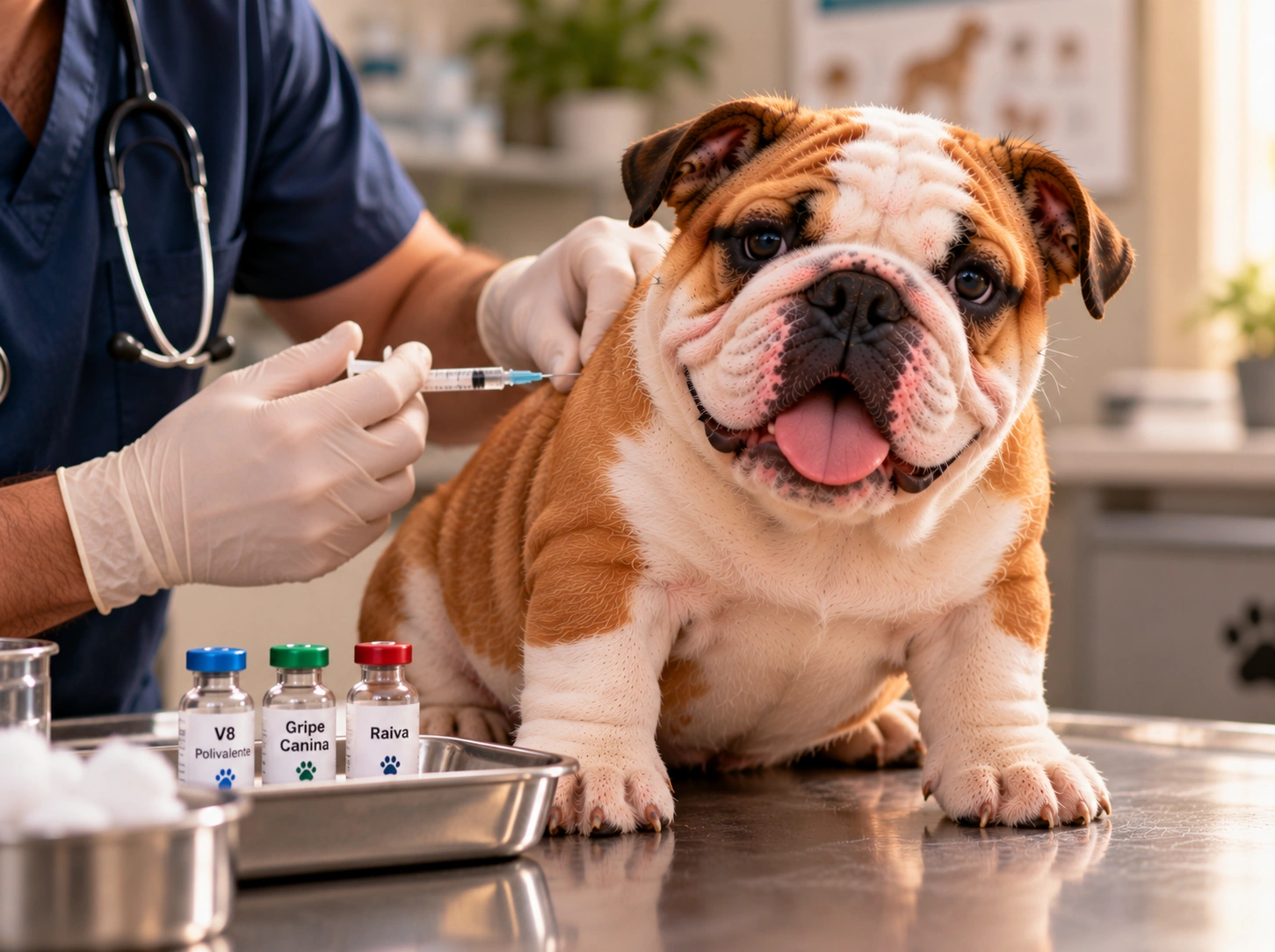 Filhote Bulldog na Vacinação Veterinária
