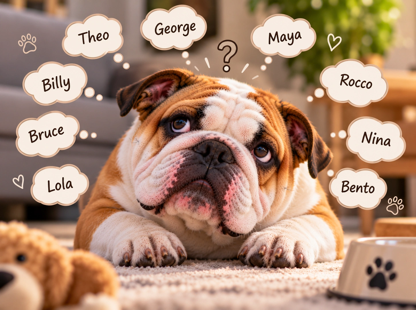 Filhote Bulldog Pensando em Nomes