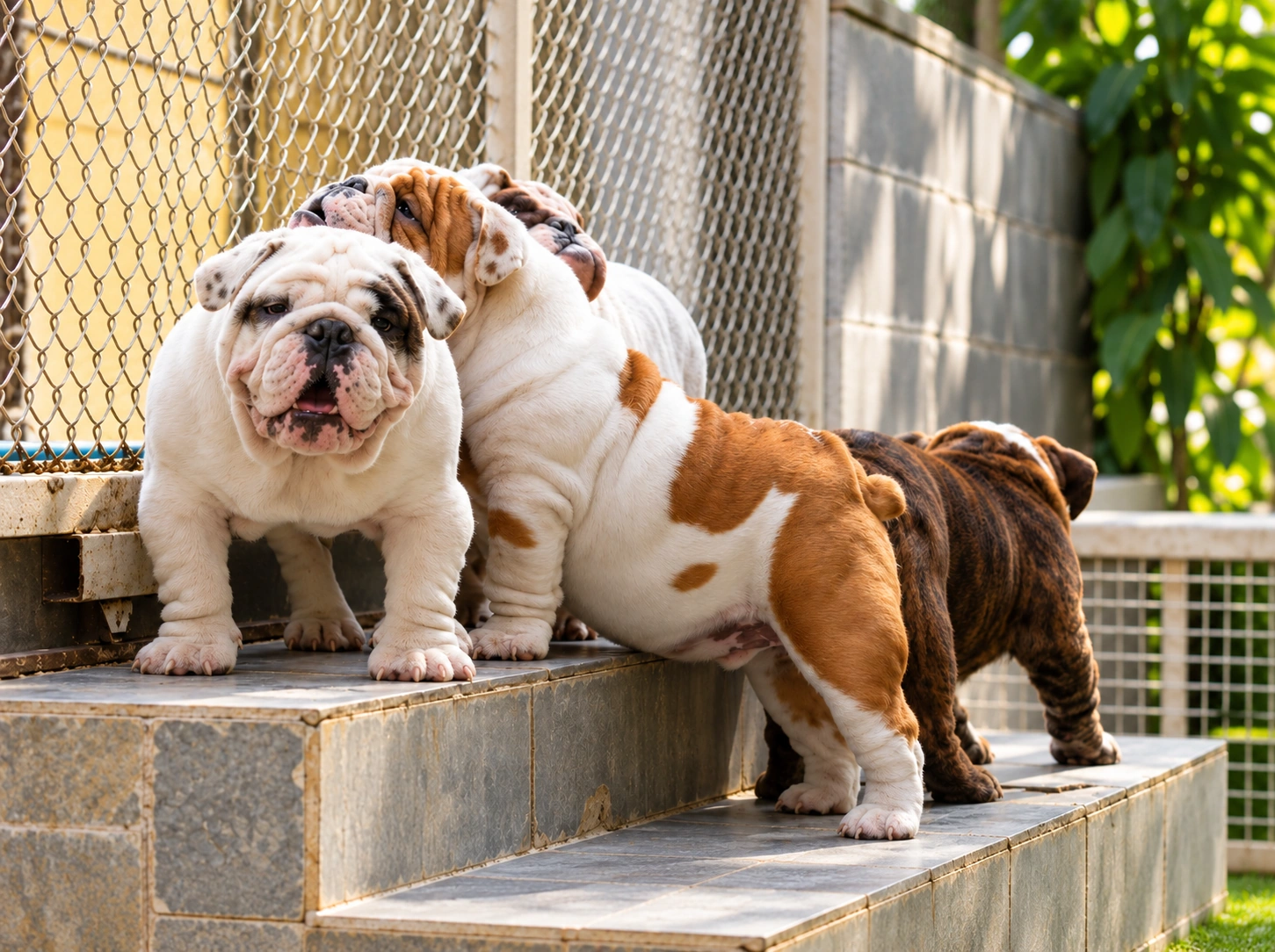 Filhotes de Bulldog nas Escadas do Canil