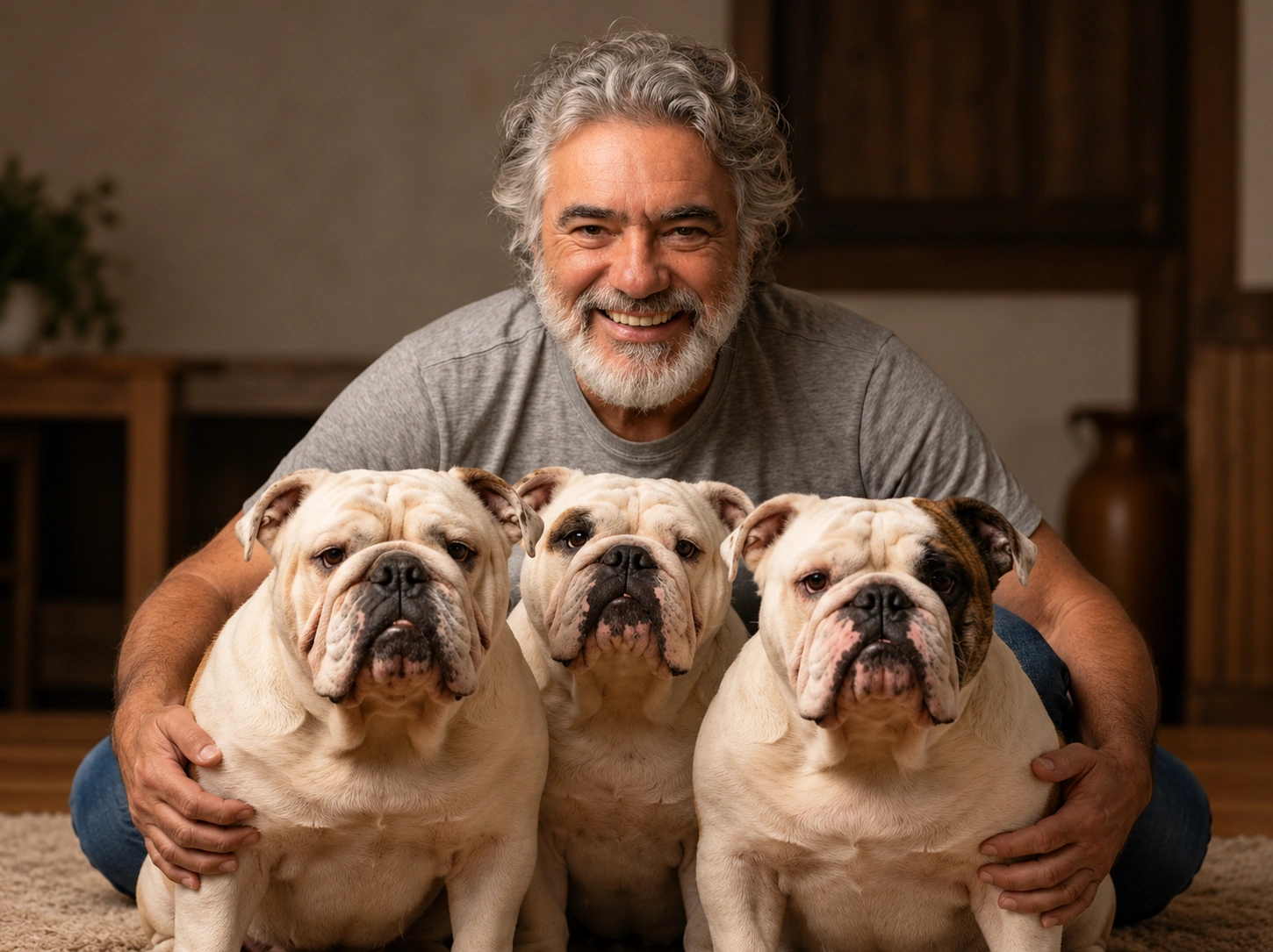 Homem e Bulldogs em Retrato Aconchegante