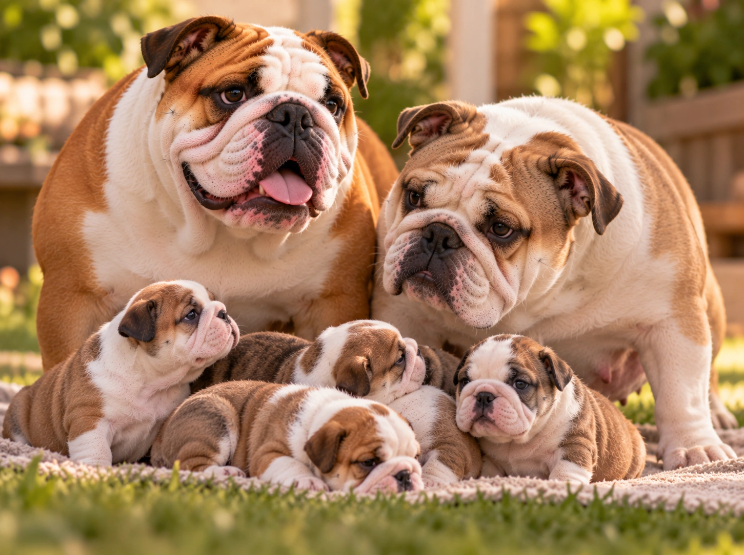Retrato familiar de bulldogues ingleses